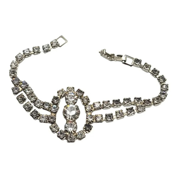 Gray Glass Rhinestone Art Deco Style Silver Tone Vintage Bracelet - Picture 2 of 5